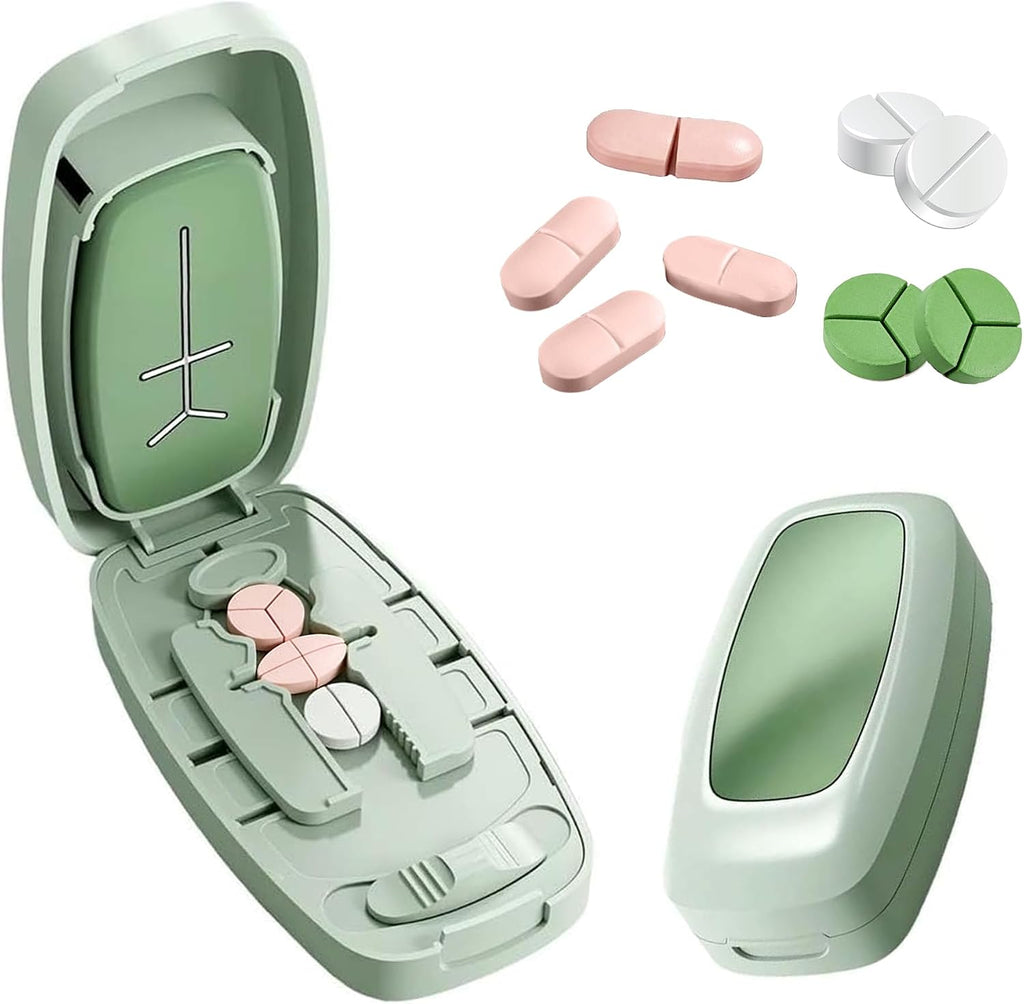 2026 Adjustable Pill Cutter with Storage Case, 1/2 1/3 1/4 Tablet Splitter with V-Shaped Centering Guide, Stainless Steel Blade, Portable Medication Organizer for Home, Office & Travel