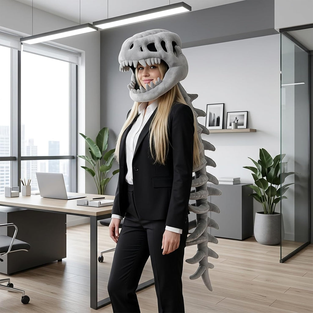 Dinosaur Skeleton Plush Costume - 3D Skull Headpiece & Spine, Realistic Spinosaurus Skull Mask