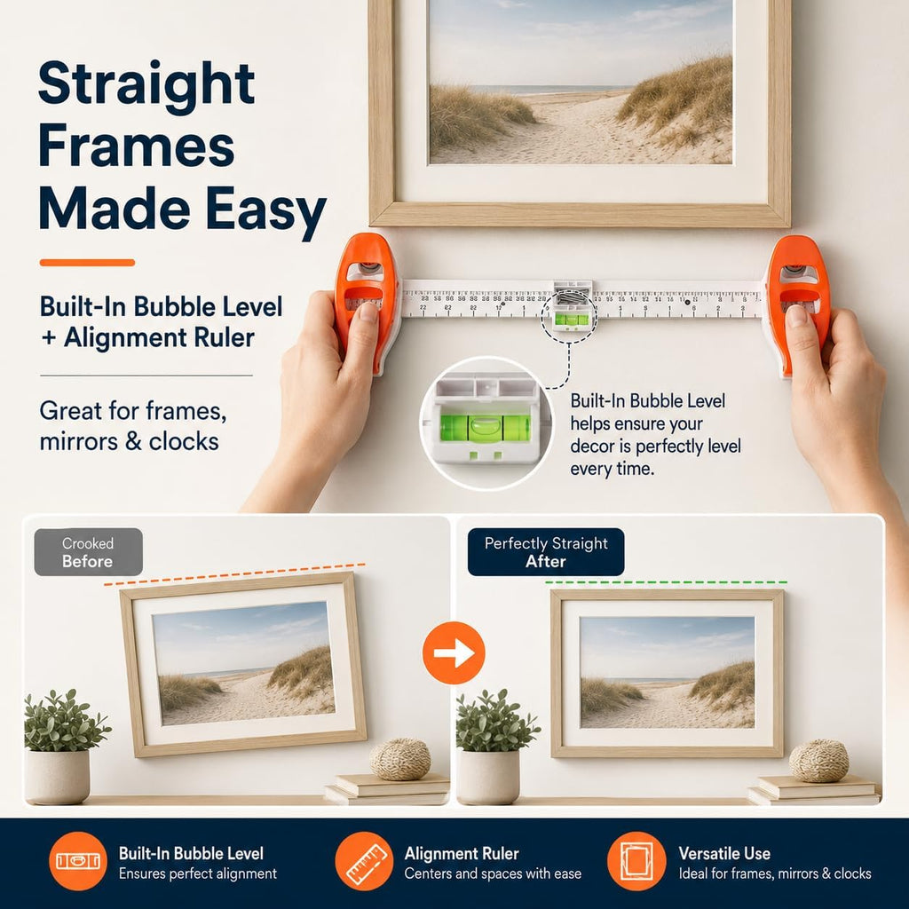 4-in-1 Picture Hanging Tool with Bubble Level, Measuring Ruler & Magnetic Nail Holder, Frame Alignment Tool with 14 Brad Nails for Pictures, Mirrors & Wall Decor