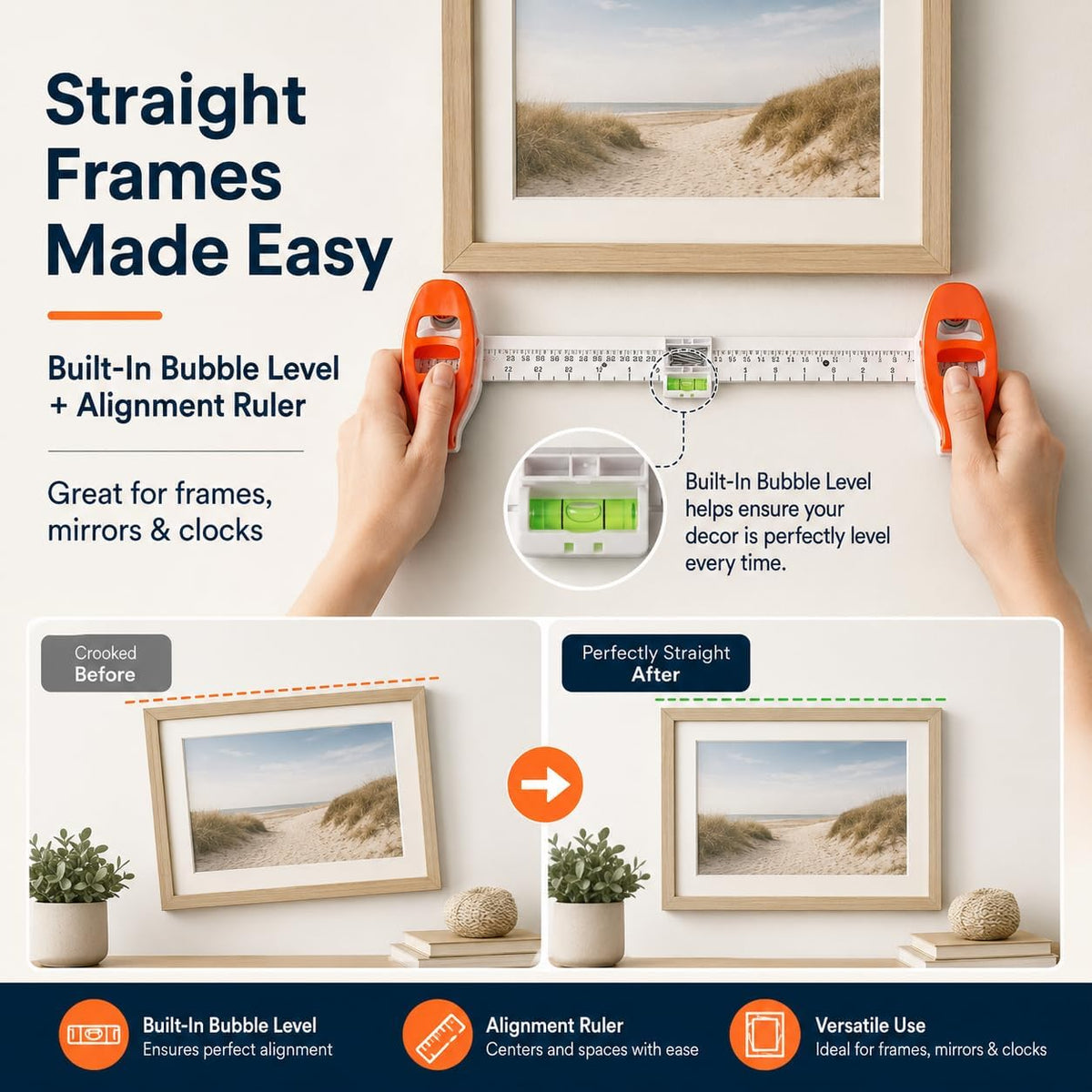 4-in-1 Picture Hanging Tool with Bubble Level, Measuring Ruler & Magnetic Nail Holder, Frame Alignment Tool with 14 Brad Nails for Pictures, Mirrors & Wall Decor