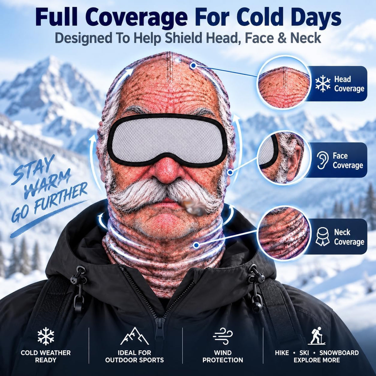 Funny Old Man Winter Face Mask, 3D Realistic Balaclava with Stretch Fit for Skiing, Snowboarding, Outdoor Cold Weather, Parties & Funny Photos