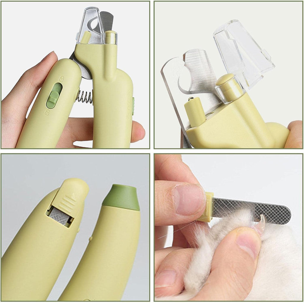 Dog nail clipper with UV LED light for safe trimming and protection against over-cutting. Cute pet claw trimmer and grooming tool for small animals such as dogs, cats, puppies, and kittens.