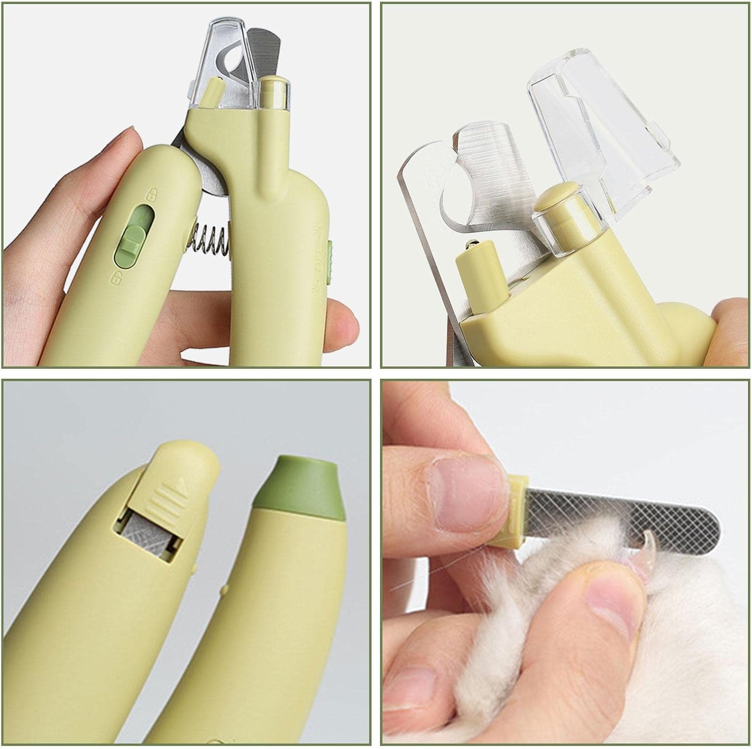 Dog nail clipper with UV LED light for safe trimming and protection against over-cutting. Cute pet claw trimmer and grooming tool for small animals such as dogs, cats, puppies, and kittens.