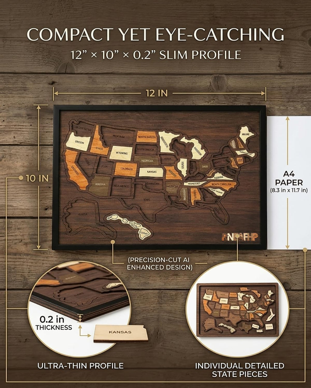 Wooden USA Travel Map Puzzle, A Stylish Way to Track Your Journey & Memories, Journey Tracker Maps Pin Board for Traveling, Removable USA Maps Puzzles for Traveling, Couple Family Art Home (1pc)
