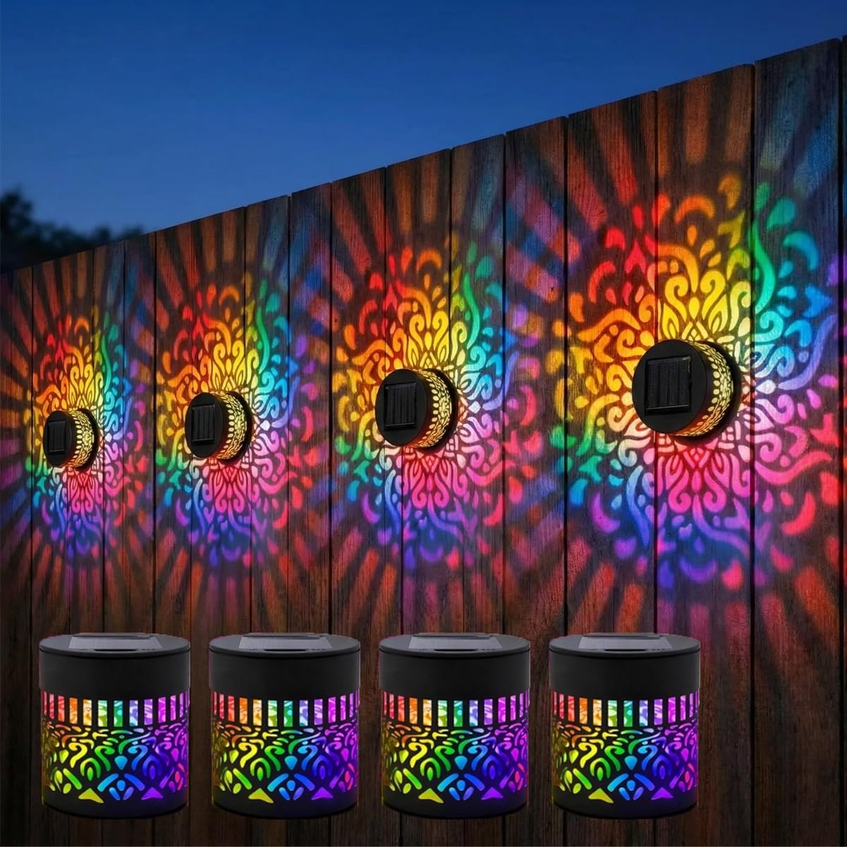 Seven-Color Changing Solar Mandala Projection Wall Light Decorative Solar Mandala Lights Outdoor Waterproof Metal Fence Lights for Yard Garden Post Patio Backyard Decor