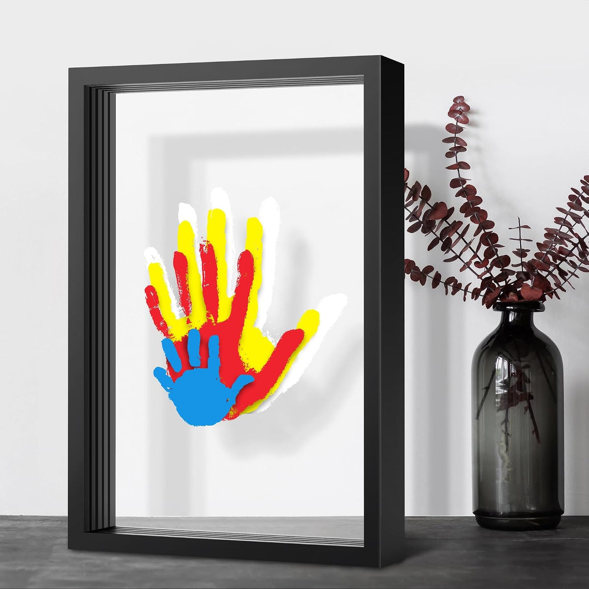 DIY Family Handprint Keepsake Frame Kit for 4, Layered Handprint & Pet Paw Print Memory Frame with 6 Non-Toxic Paints, Thanksgiving Christmas Mother’s Day Father’s Day & Anniversary Gift
