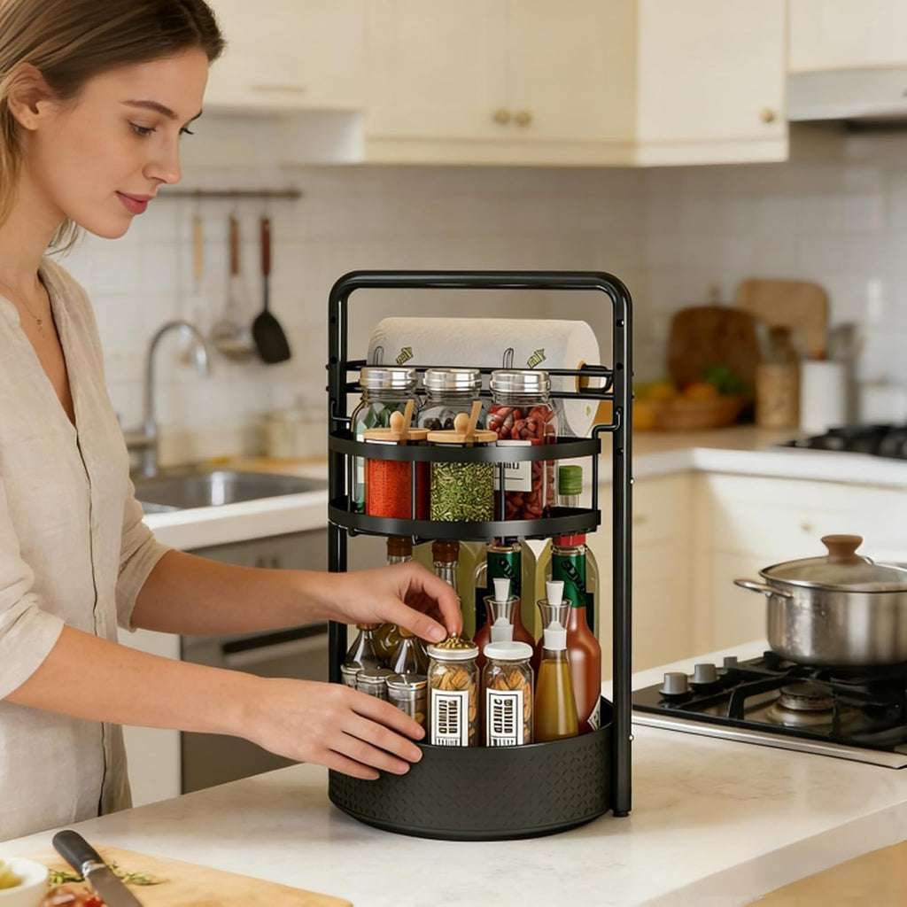 Rotating Spice Rack with Paper Towel Holder, 2 Tier Turntable Lazy Susan, Seasoning Organizer for Kitchen Countertop Cabinet