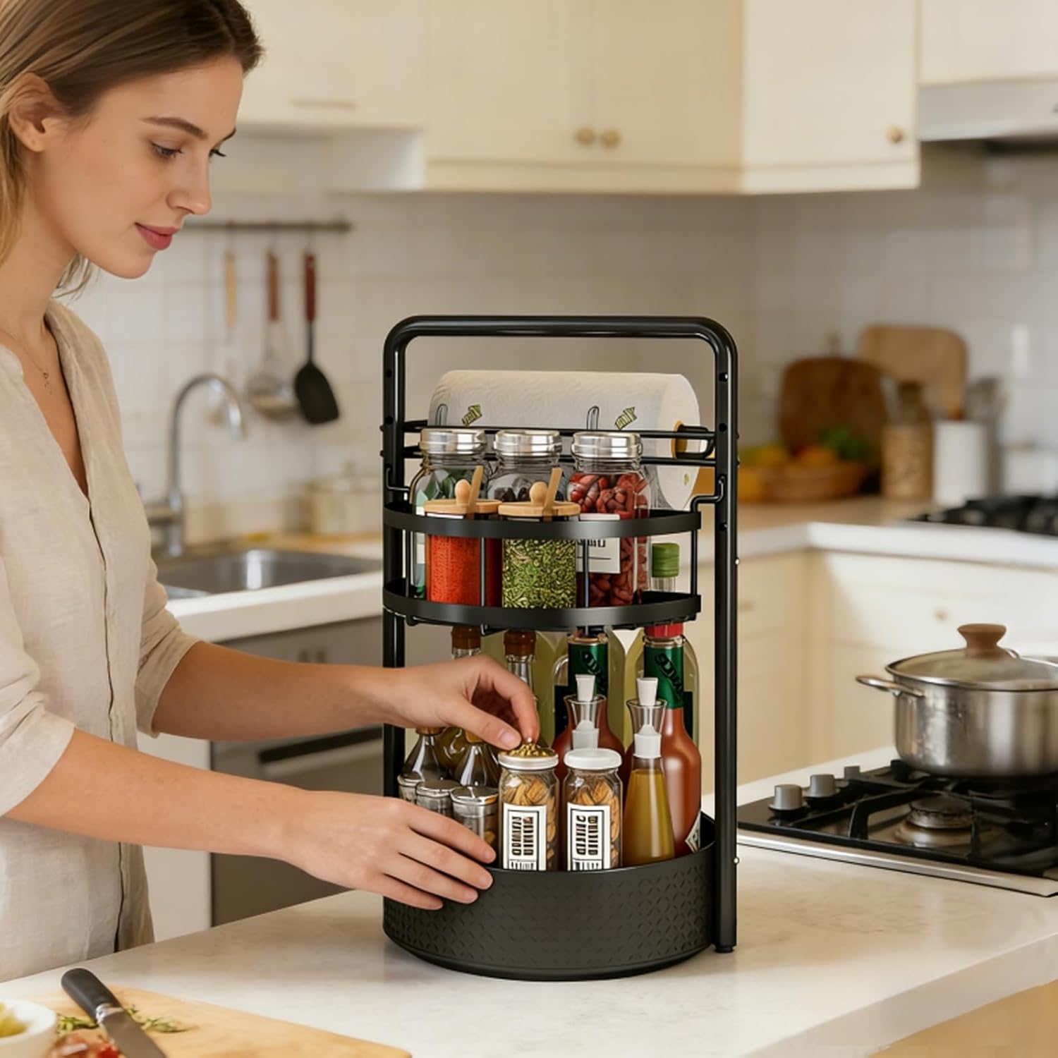 Rotating Spice Rack with Paper Towel Holder, 2 Tier Turntable Lazy Susan, Seasoning Organizer for Kitchen Countertop Cabinet