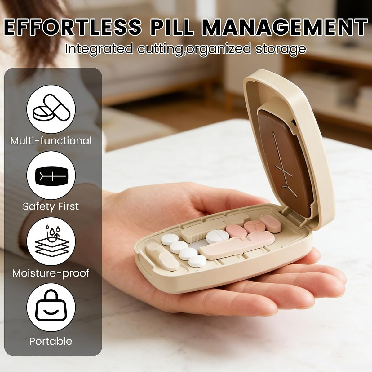 2026 Adjustable Pill Cutter with Storage Case, 1/2 1/3 1/4 Tablet Splitter with V-Shaped Centering Guide, Stainless Steel Blade, Portable Medication Organizer for Home, Office & Travel