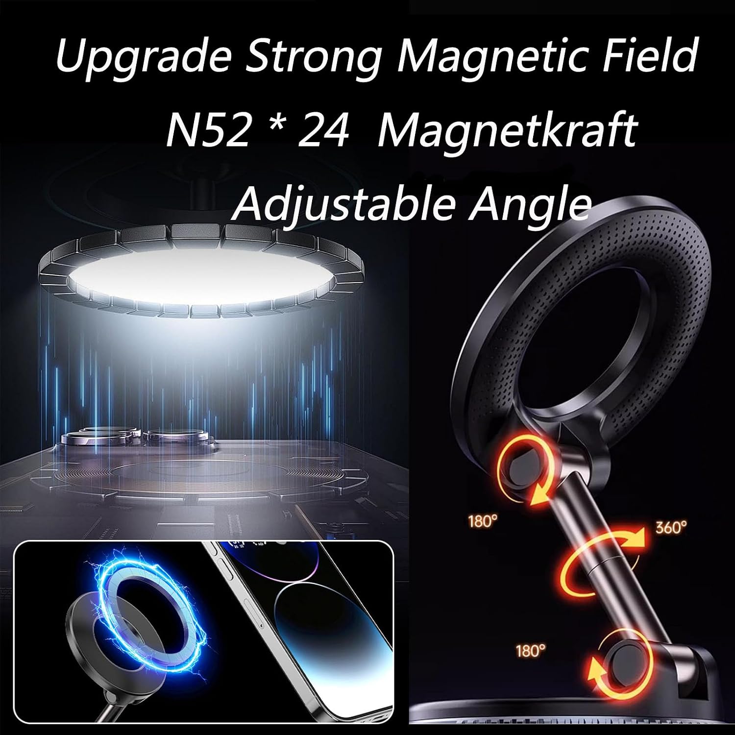 Car Phone Holder for Magsafe, 360° Rotation, Foldable Magnetic Dashboard Phone Holder, Compatible with iPhone 16/15/14/13/12 and All Android Smartphones