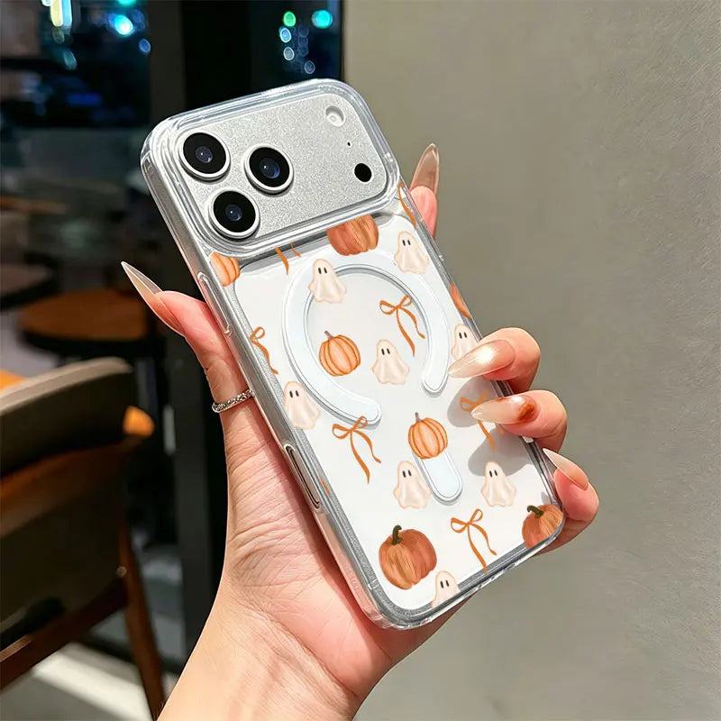 Ghost Pumpkin Orange Bow Watercolor Phone Case, Cute Fall Halloween Clear Case for iPhone 11–17, Pro, Pro Max, Plus & Air, Autumn Gift