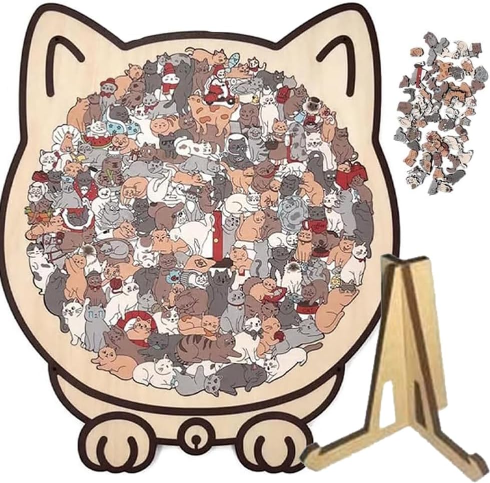 135-Piece Cat-Shaped Wooden Jigsaw Puzzle, Morandi Color Animal Puzzle for Adults, Creative Home Decor Gift