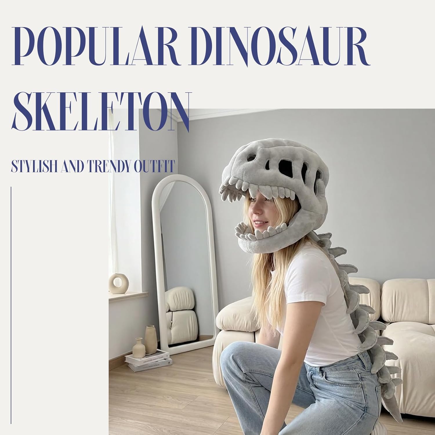 Dinosaur Skeleton Plush Costume - 3D Skull Headpiece & Spine, Realistic Spinosaurus Skull Mask
