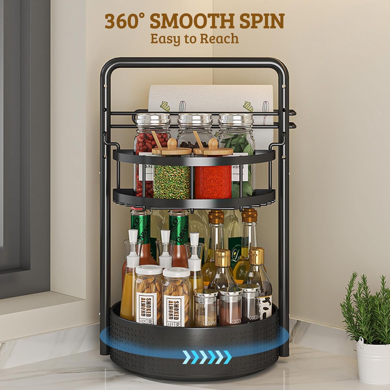 Rotating Spice Rack with Paper Towel Holder, 2 Tier Turntable Lazy Susan, Seasoning Organizer for Kitchen Countertop Cabinet