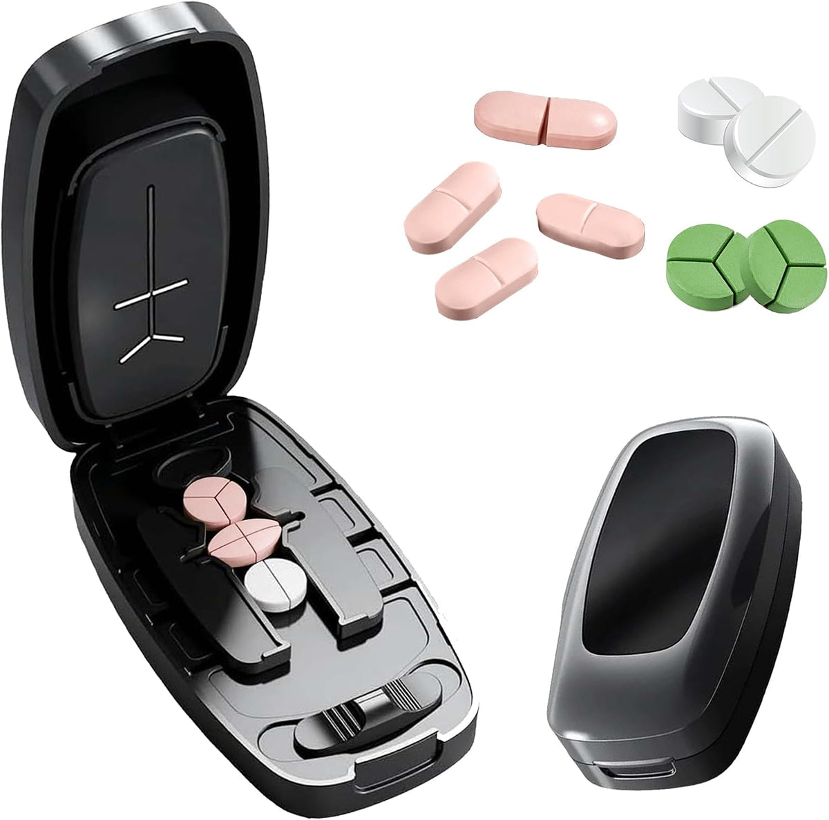 2026 Adjustable Pill Cutter with Storage Case, 1/2 1/3 1/4 Tablet Splitter with V-Shaped Centering Guide, Stainless Steel Blade, Portable Medication Organizer for Home, Office & Travel