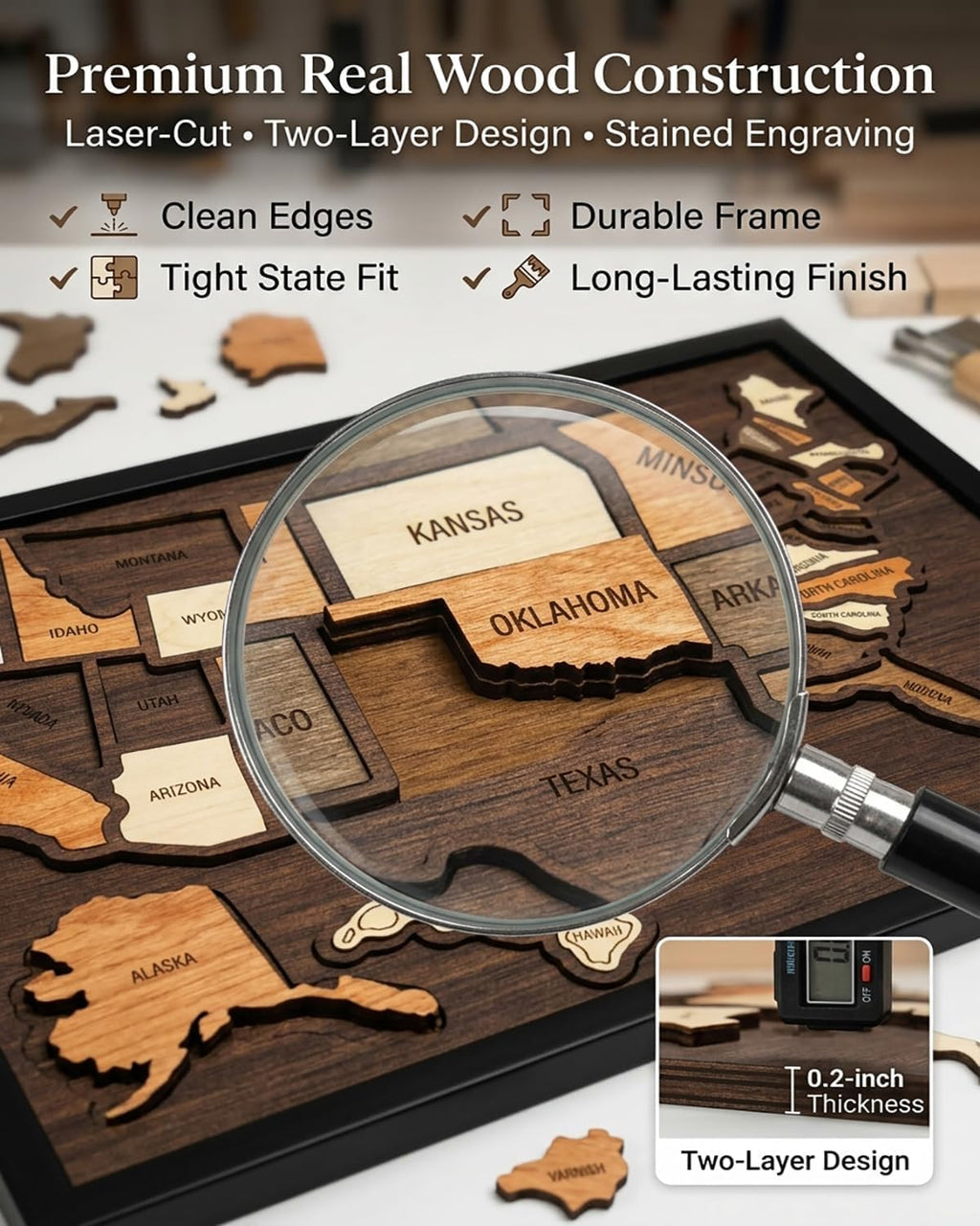 Wooden USA Travel Map Puzzle, A Stylish Way to Track Your Journey & Memories, Journey Tracker Maps Pin Board for Traveling, Removable USA Maps Puzzles for Traveling, Couple Family Art Home (1pc)