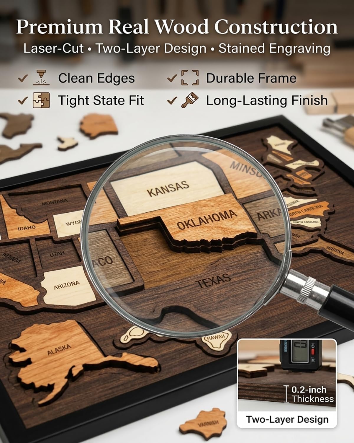 Wooden USA Travel Map Puzzle, A Stylish Way to Track Your Journey & Memories, Journey Tracker Maps Pin Board for Traveling, Removable USA Maps Puzzles for Traveling, Couple Family Art Home (1pc)