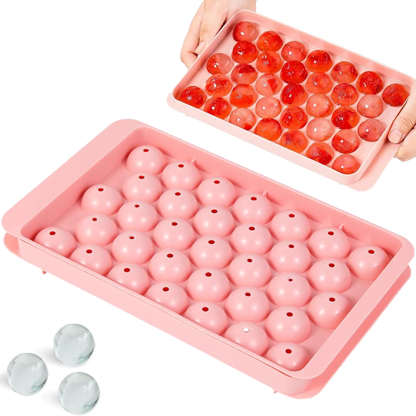 Round Ice Cube Tray with Lid, Reusable 33-Cavity Mini Ice Ball Maker Mold for Freezer, Cocktails & Whiskey