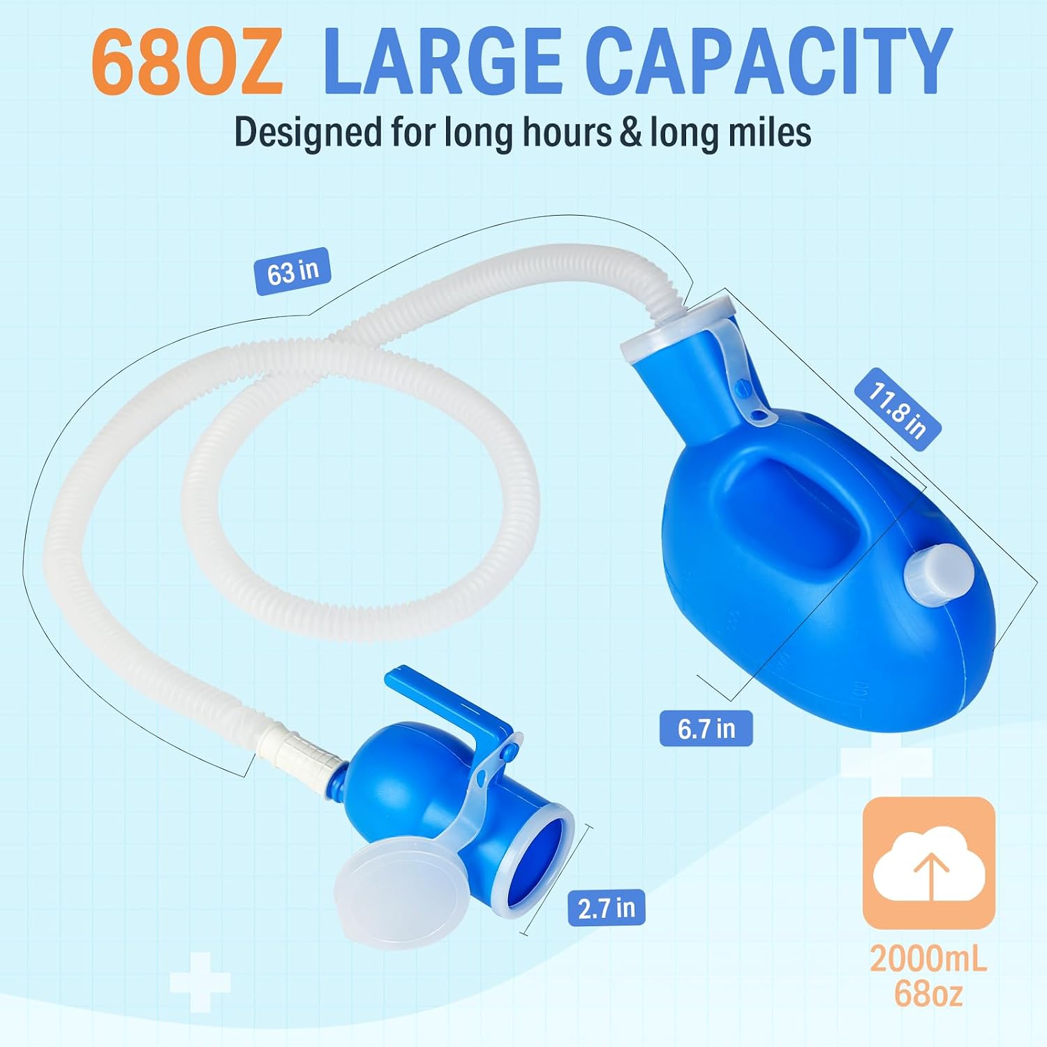 Urinals for Men - Male Urine Bottle Spill Proof Men Urinal Bottle w/Separate Urine Outlet Portable Pee Container 68 OZ for Hospital Home Camping Car Travel Leakproof 59" Shrinkable Hose