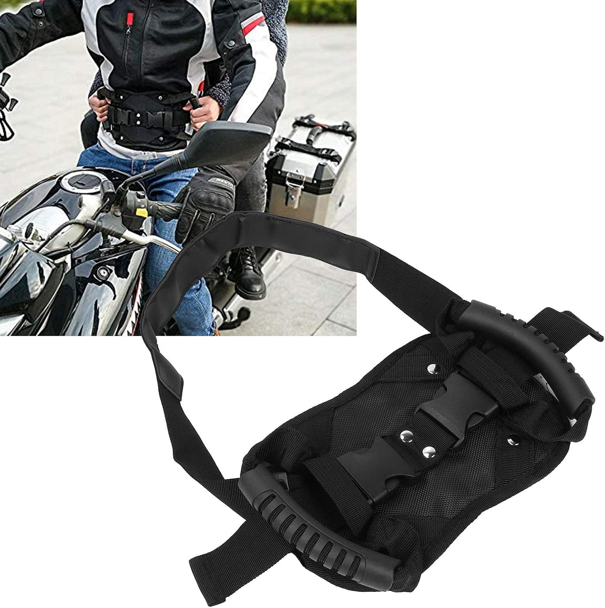 Adjustable Motorcycle Passenger Grip Belt with Dual Handles, Oxford Cloth & Breathable Mesh Support Strap for Scooter, Bike & Rear Rider Use