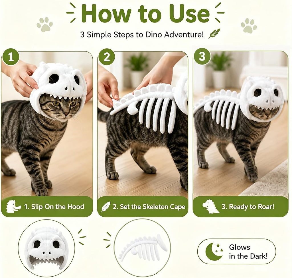 Dinosaur Skeleton Glow in Dark Cat Costume, Plush Halloween Pet Hood Outfit (S)