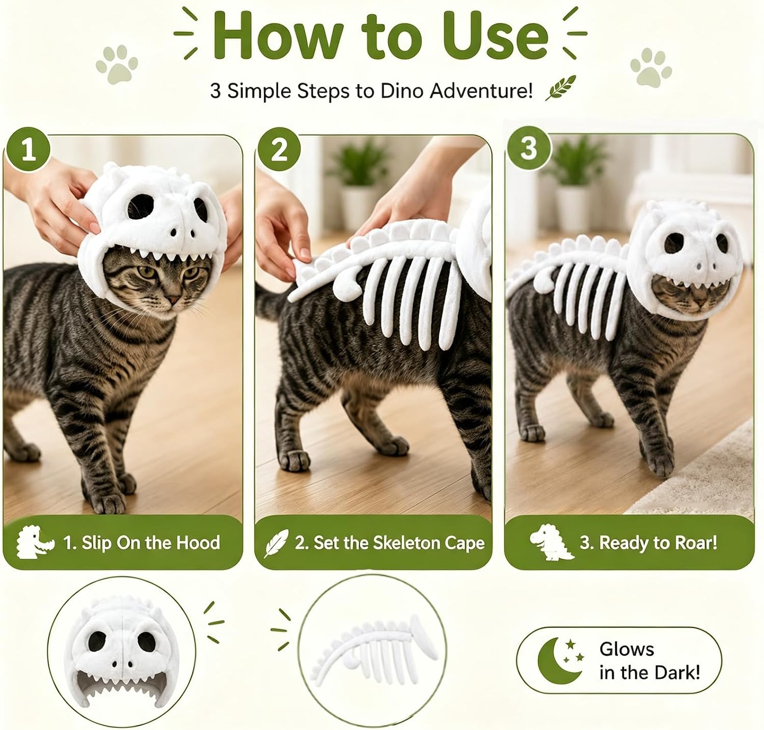Dinosaur Skeleton Glow in Dark Cat Costume, Plush Halloween Pet Hood Outfit (S)
