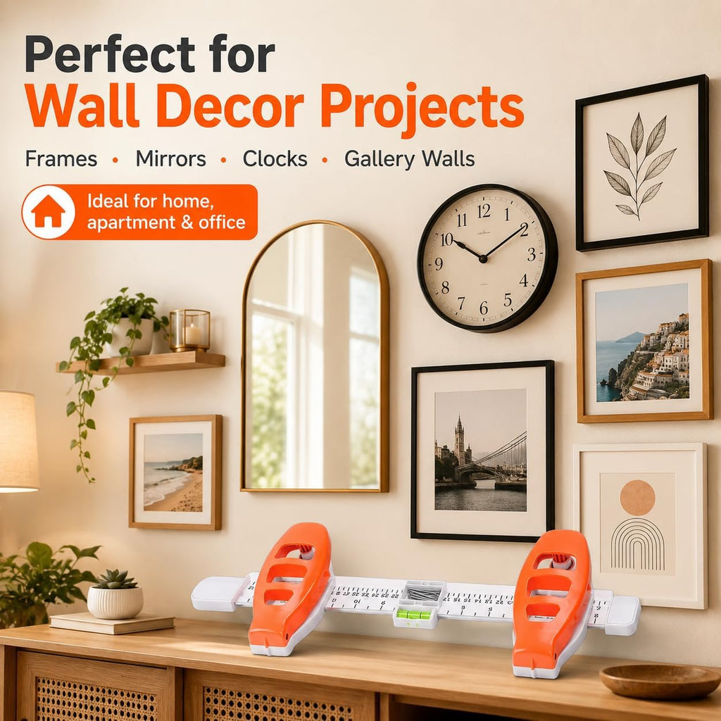 4-in-1 Picture Hanging Tool with Bubble Level, Measuring Ruler & Magnetic Nail Holder, Frame Alignment Tool with 14 Brad Nails for Pictures, Mirrors & Wall Decor