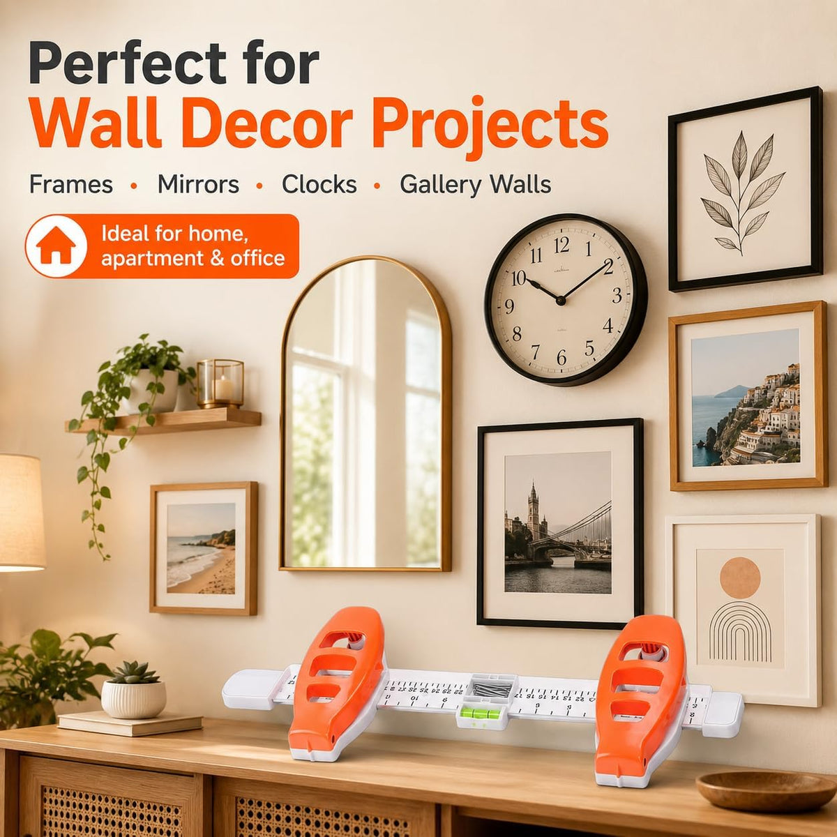 4-in-1 Picture Hanging Tool with Bubble Level, Measuring Ruler & Magnetic Nail Holder, Frame Alignment Tool with 14 Brad Nails for Pictures, Mirrors & Wall Decor