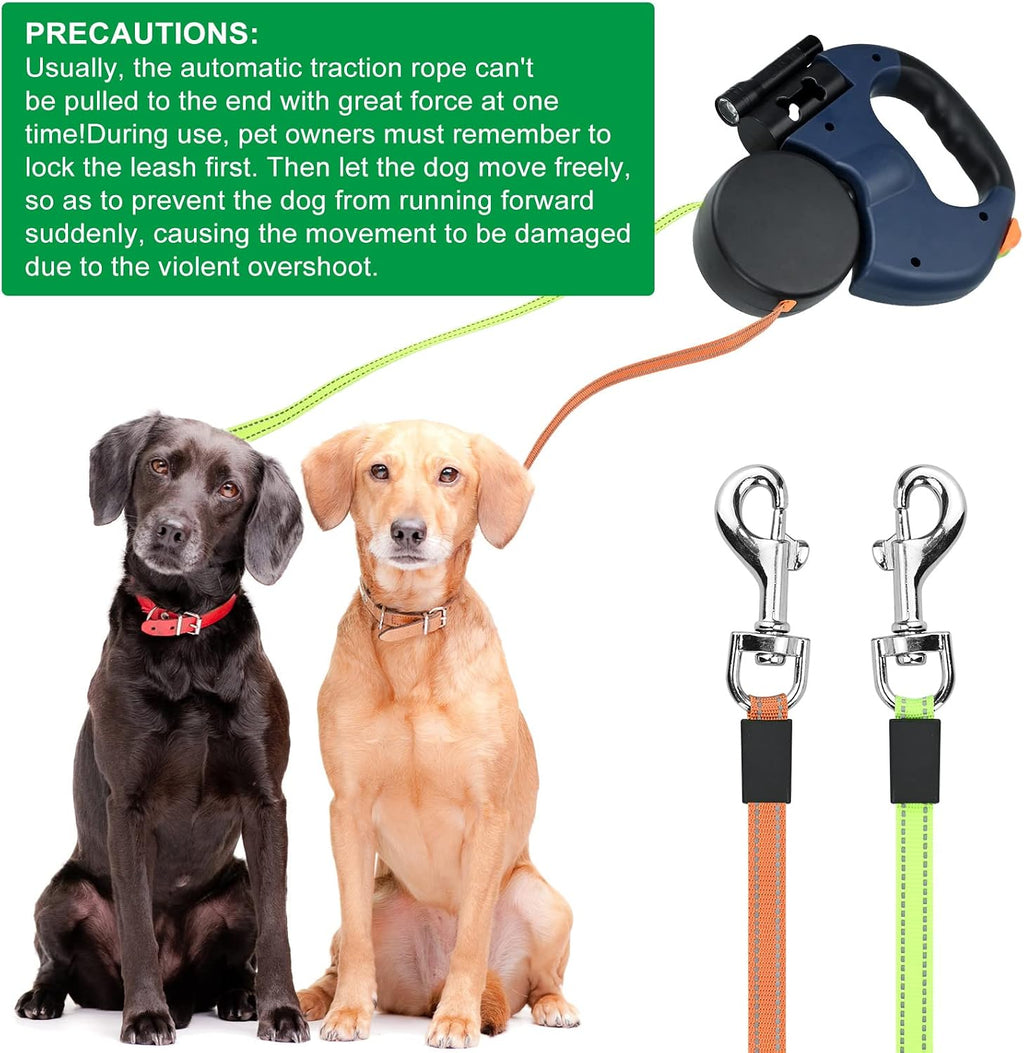 Dual Retractable Dog Leash for Two Dogs, 2 × 10 ft / 3 m Leads, 360° Anti-Tangle, One-Hand Brake with LED Flashlight