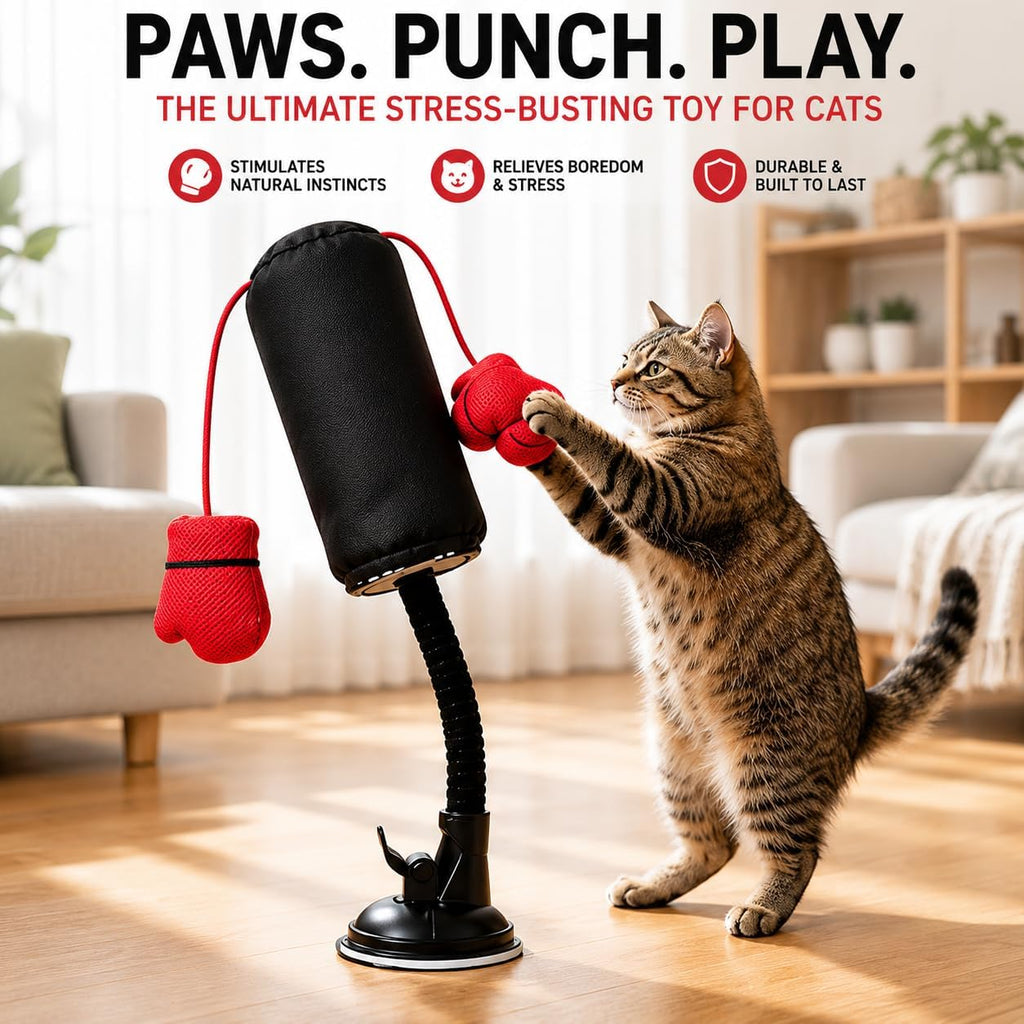 Cat Punching Bag Toy, Interactive Punch Cat Toy with Dangling Boxing Gloves, Sturdy ABS Suction Cup Base Wobble Cat Boxing Toy for Indoor Cats Exercise & Mental Stimulation