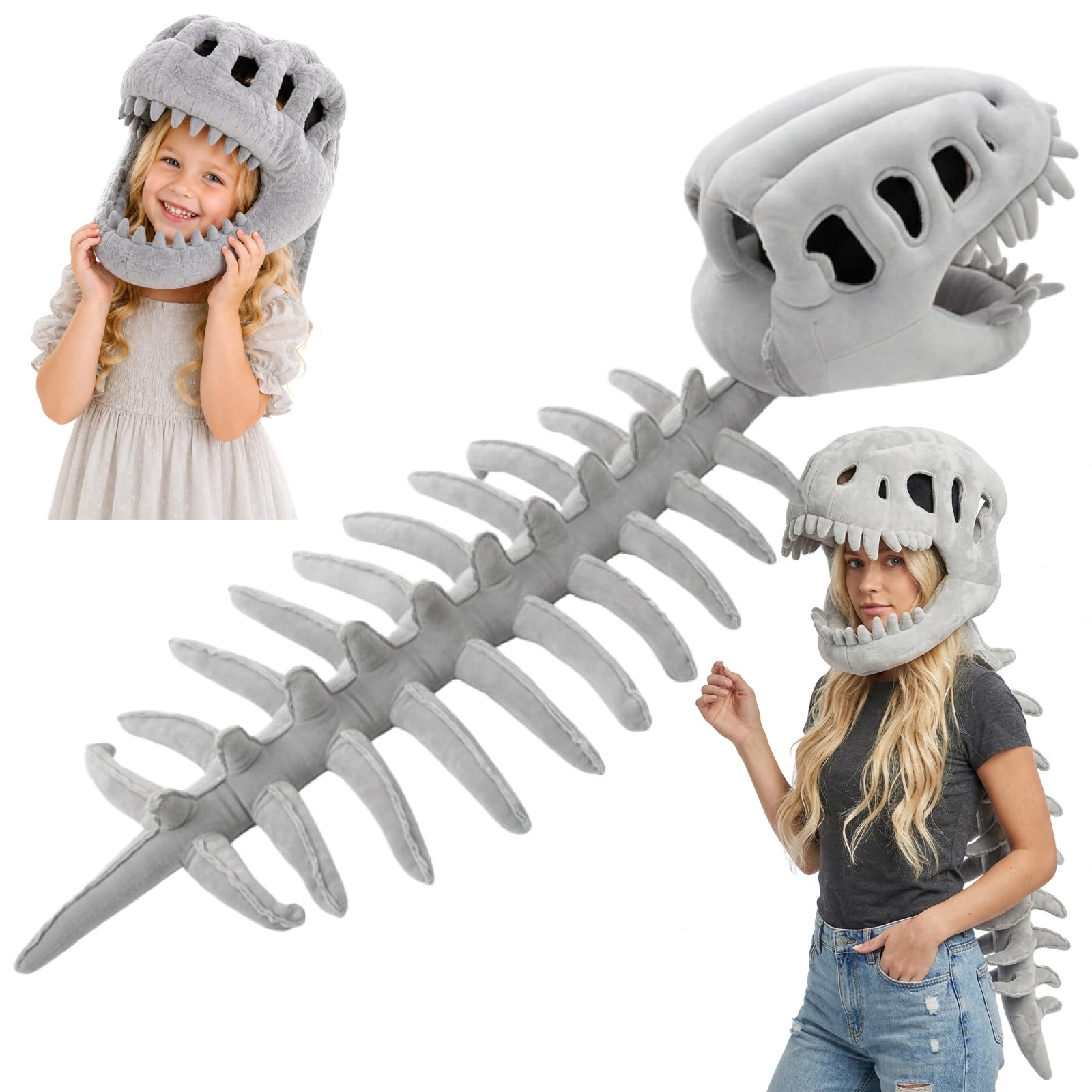 Dinosaur Skeleton Plush Costume - 3D Skull Headpiece & Spine, Realistic Spinosaurus Skull Mask