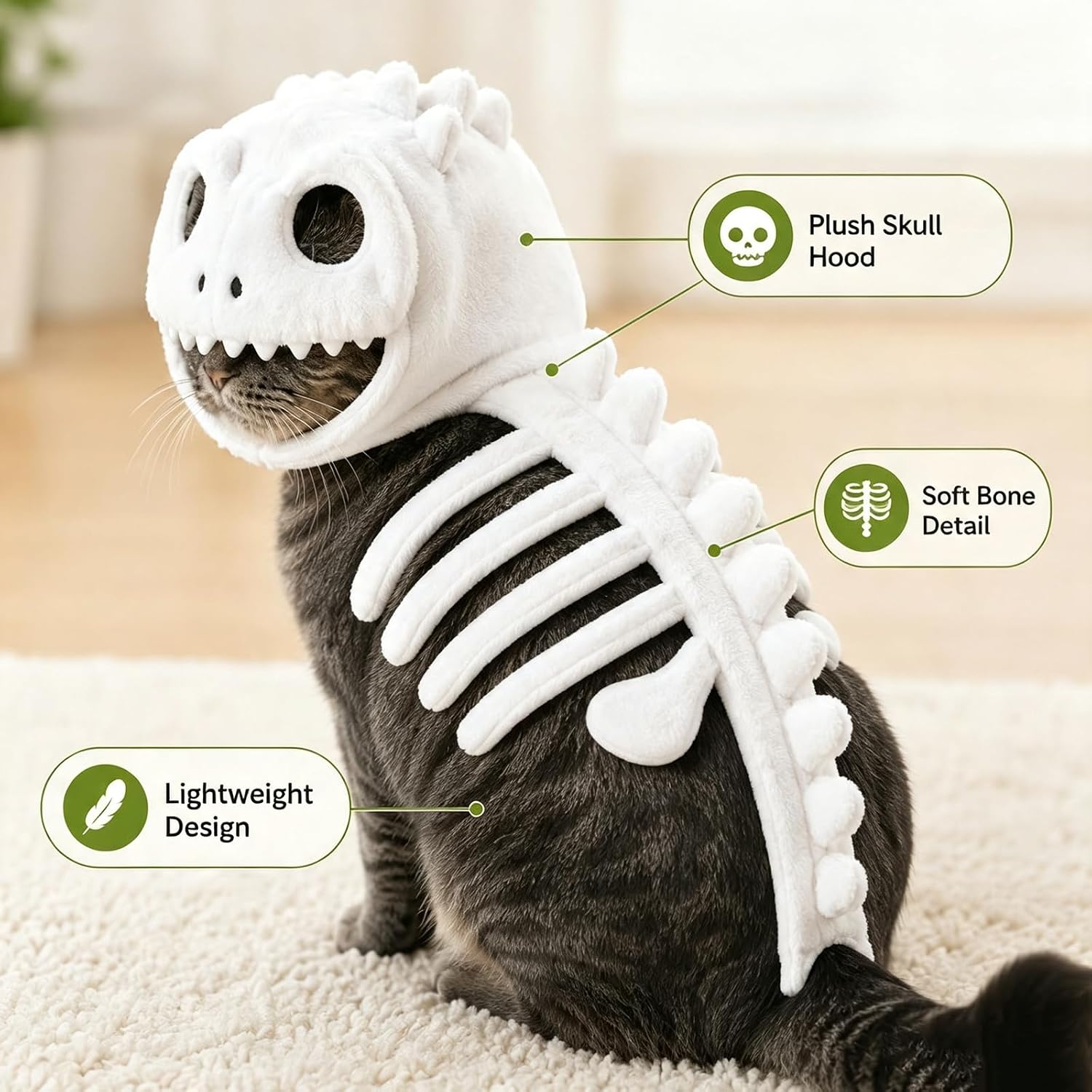 Dinosaur Skeleton Glow in Dark Cat Costume, Plush Halloween Pet Hood Outfit (S)