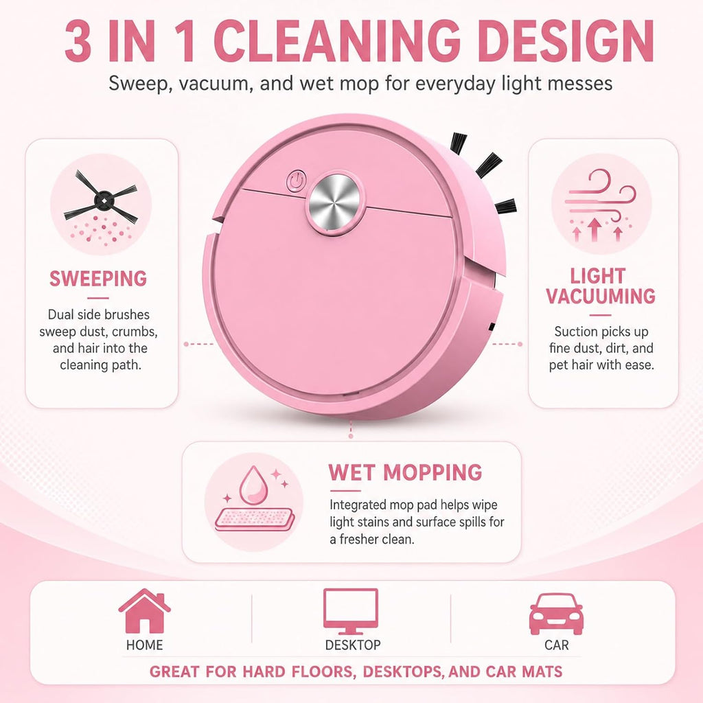 Mini Robot Vacuum Cleaner for Car & Desktop, Rechargeable Smart Automatic Vacuum Robot, Low Noise Portable Cleaner for Dust, Crumbs & Pet Hair