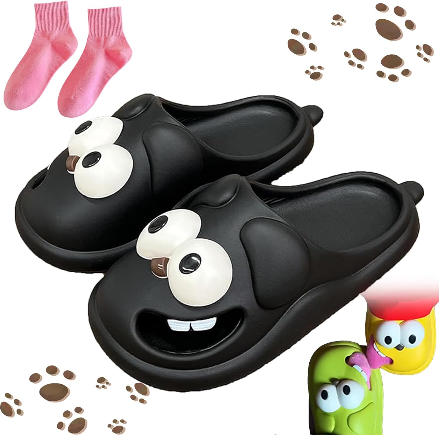 Kissing Slippers for Couples – Funny 3D Big Eye Dog Tongue Kiss Slides, Cute Cartoon House Shoes, Indoor Slippers for Women Men Non-Slip