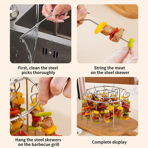 2026 New Air Fryer Grill Skewer Rack, Stainless Steel BBQ Kabob Set, 24 Vertical Meat Skewers with Round Hanging (1)