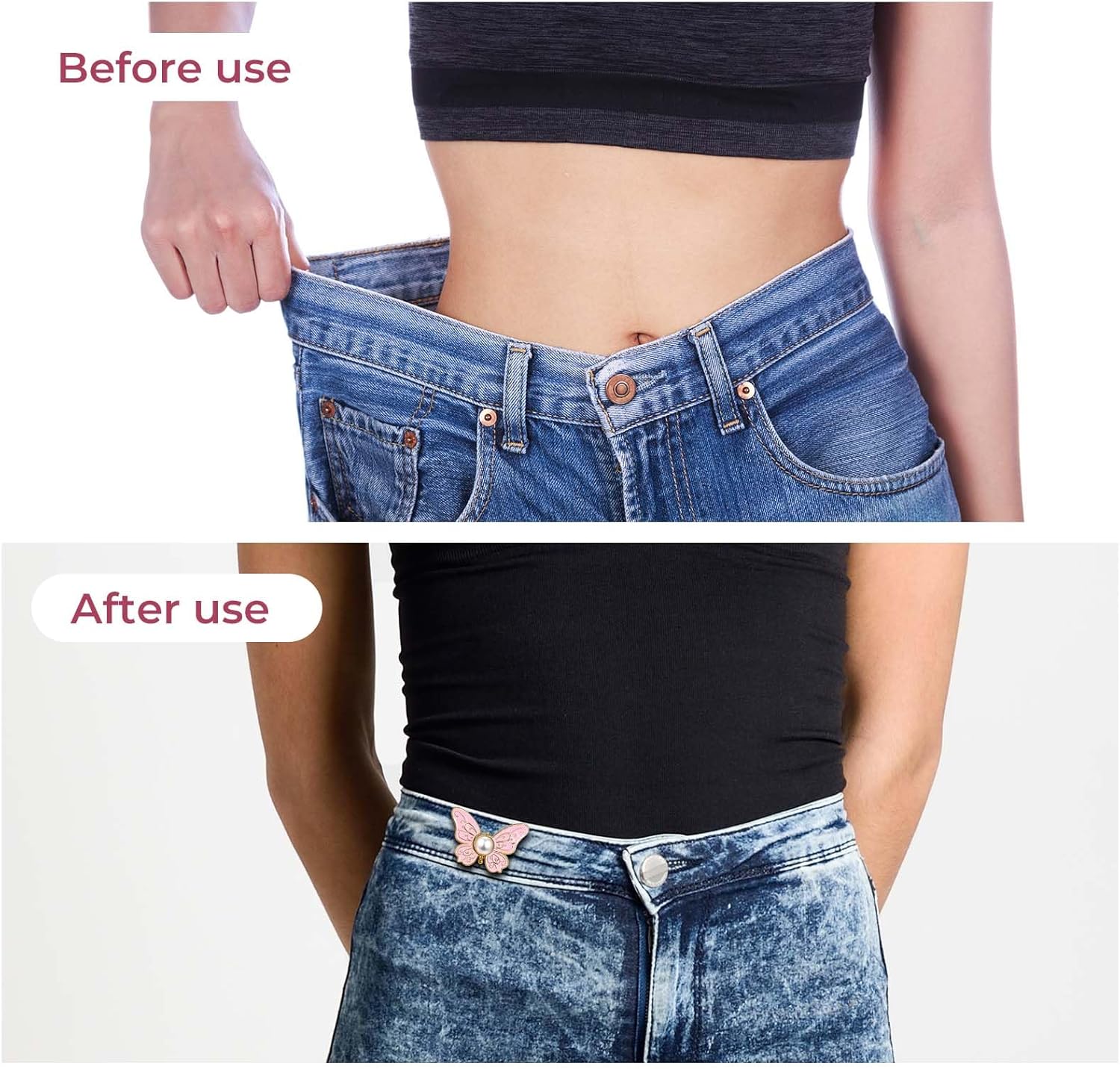 8 Sets Butterfly Pant Waist Tightener for Women, Adjustable Jean Buttons for Loose Jeans, Decorative Detachable Pants Clips to Tighten Waist, No Sew and No Tools Required