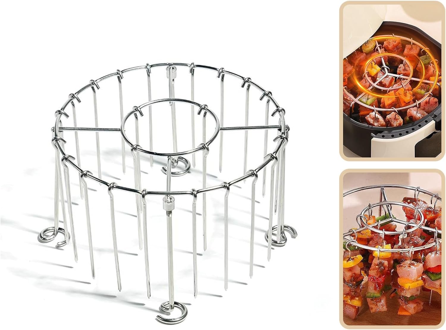 2026 New Air Fryer Grill Skewer Rack, Stainless Steel BBQ Kabob Set, 24 Vertical Meat Skewers with Round Hanging (1)