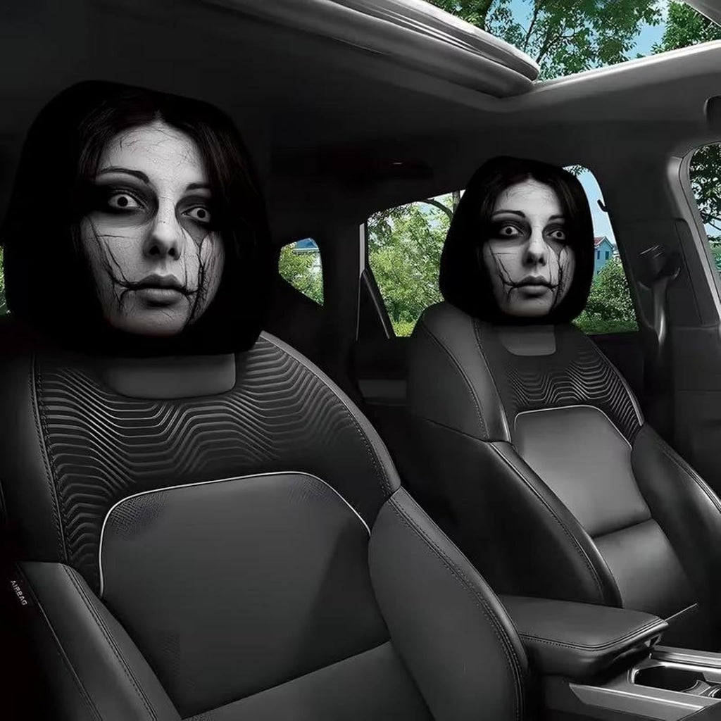 Car Headrest Covers | 2 Piece Ghost Face Car Headrest Covers | Scary Face and Funny Dark Theme Car Headrest Covers | Elastic Protector