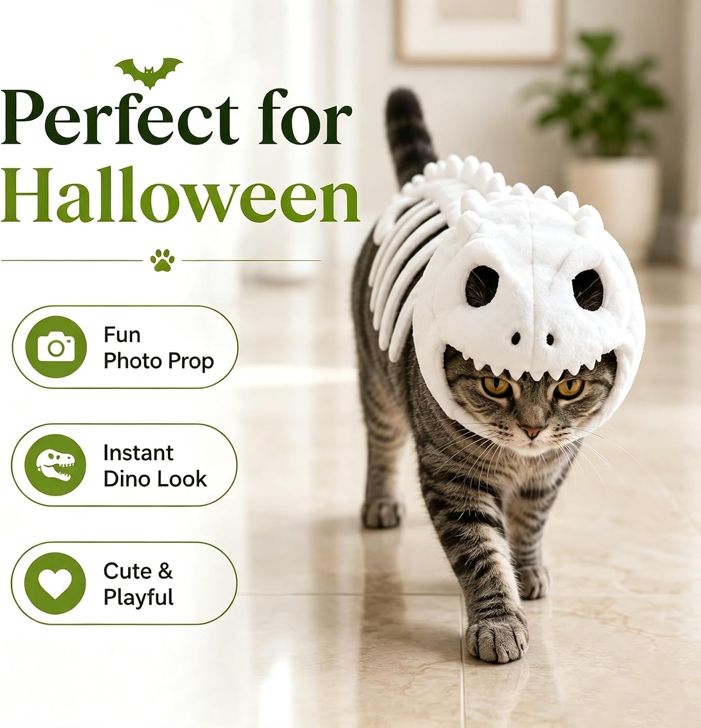 Dinosaur Skeleton Glow in Dark Cat Costume, Plush Halloween Pet Hood Outfit (S)