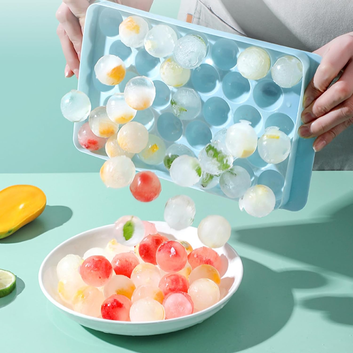 Round Ice Cube Tray with Lid, Reusable 33-Cavity Mini Ice Ball Maker Mold for Freezer, Cocktails & Whiskey