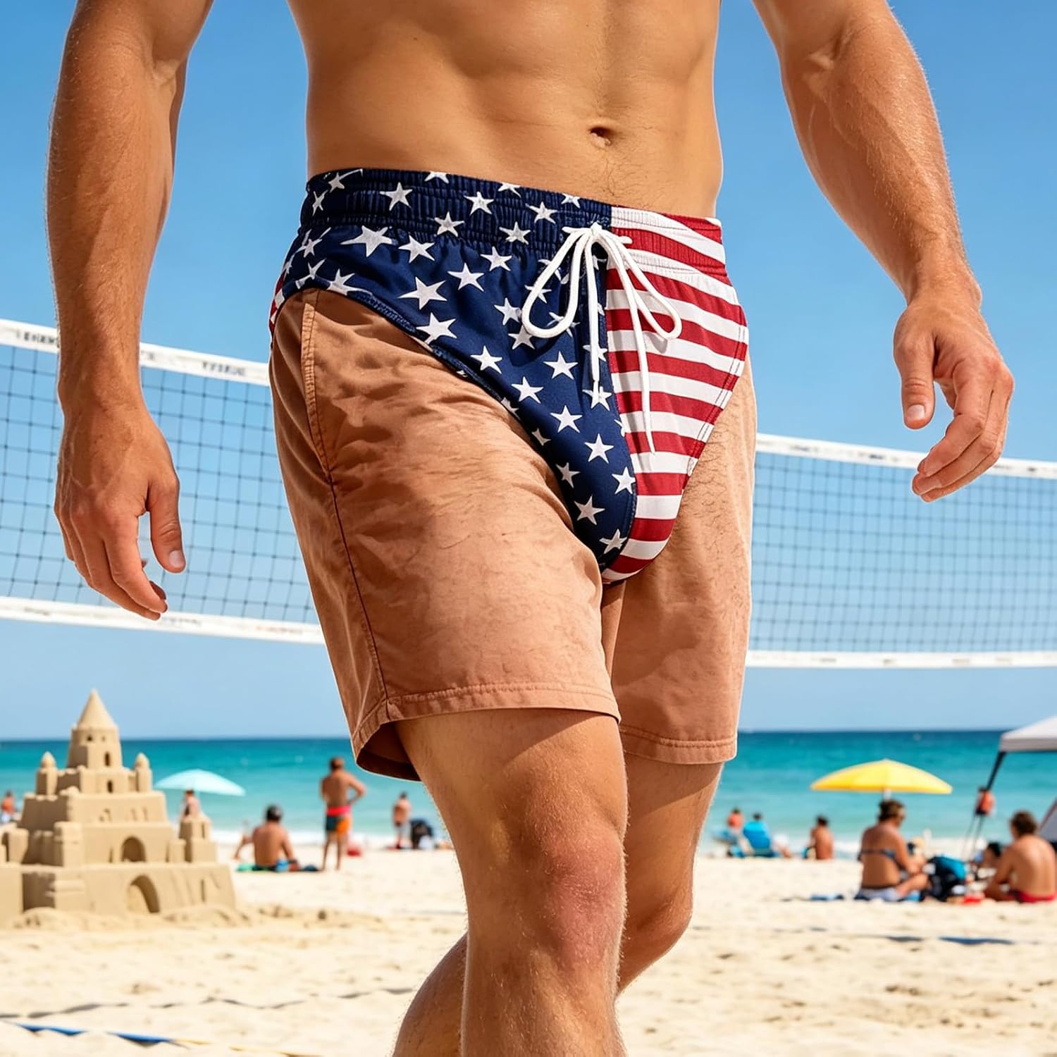 America Flag Thong Shorts Swim Trunks for Men Patriotic for Pool Party Beach Funny Shorts Summer Vacation Pants