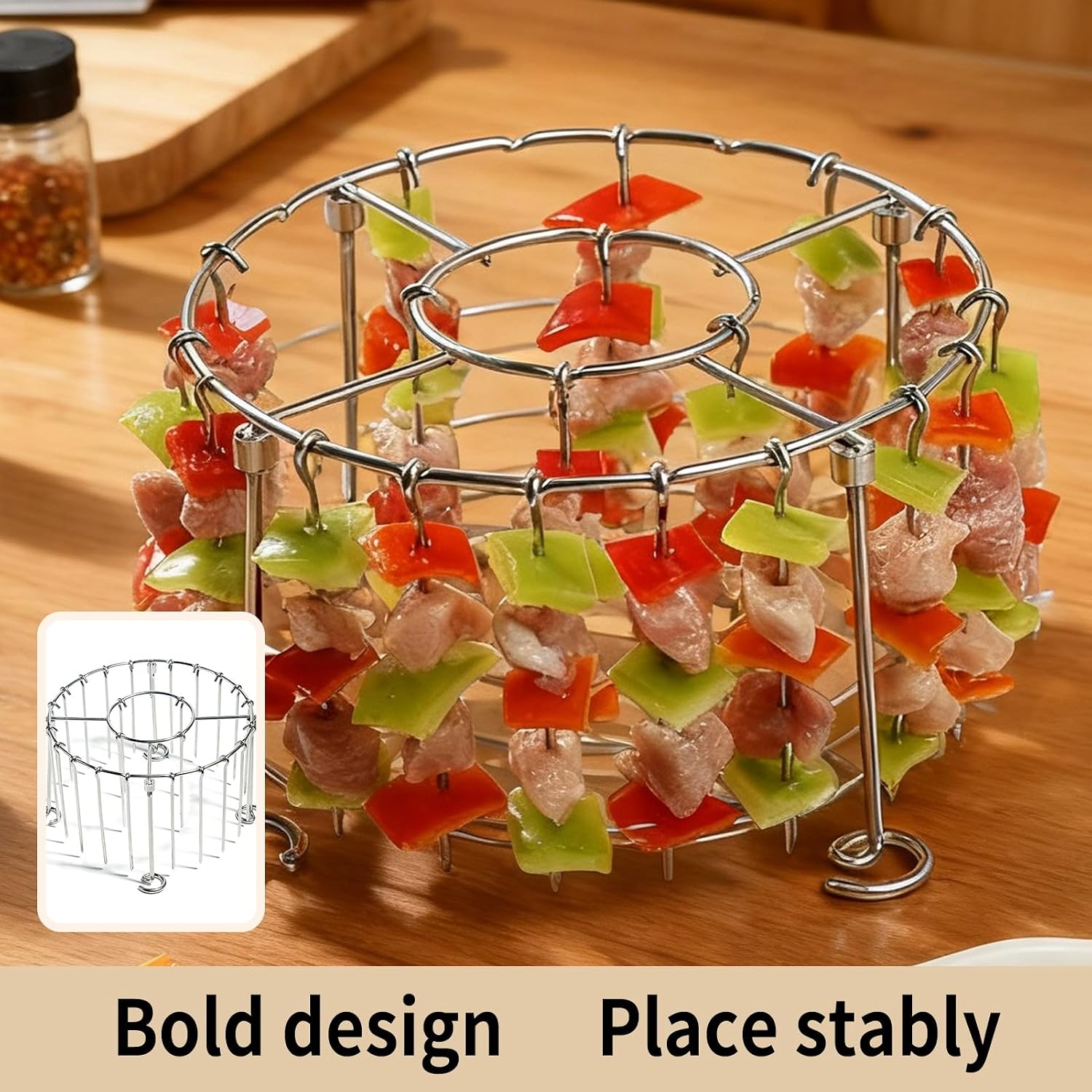 2026 New Air Fryer Grill Skewer Rack, Stainless Steel BBQ Kabob Set, 24 Vertical Meat Skewers with Round Hanging (1)