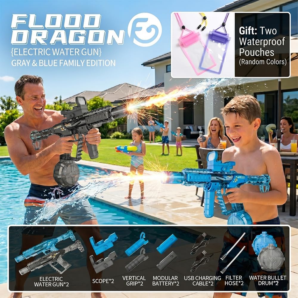 Electric Water Guns Water Blaster 2-Pack, Automatic High-Capacity Water Rifle with Drum Magazine & Red Dot Sight, Transparent Pro Squirt Guns for Summer Outdoor Pool Beach Yard Swimming Party