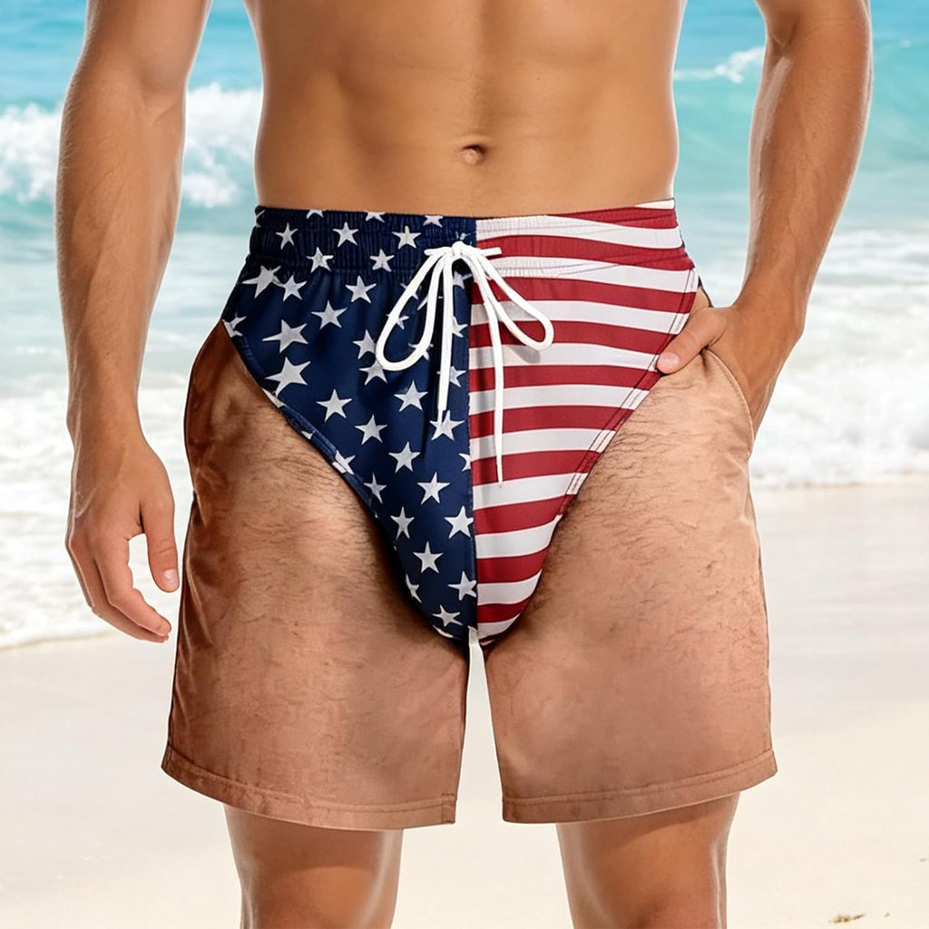 America Flag Thong Shorts Swim Trunks for Men Patriotic for Pool Party Beach Funny Shorts Summer Vacation Pants