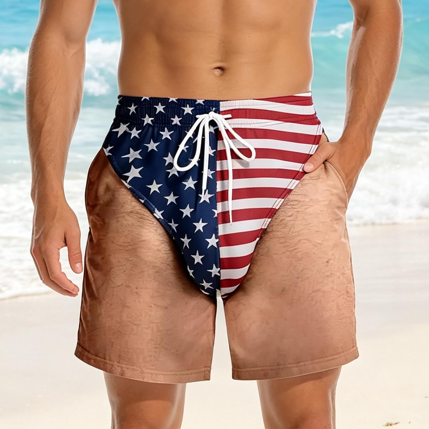 America Flag Thong Shorts Swim Trunks for Men Patriotic for Pool Party Beach Funny Shorts Summer Vacation Pants