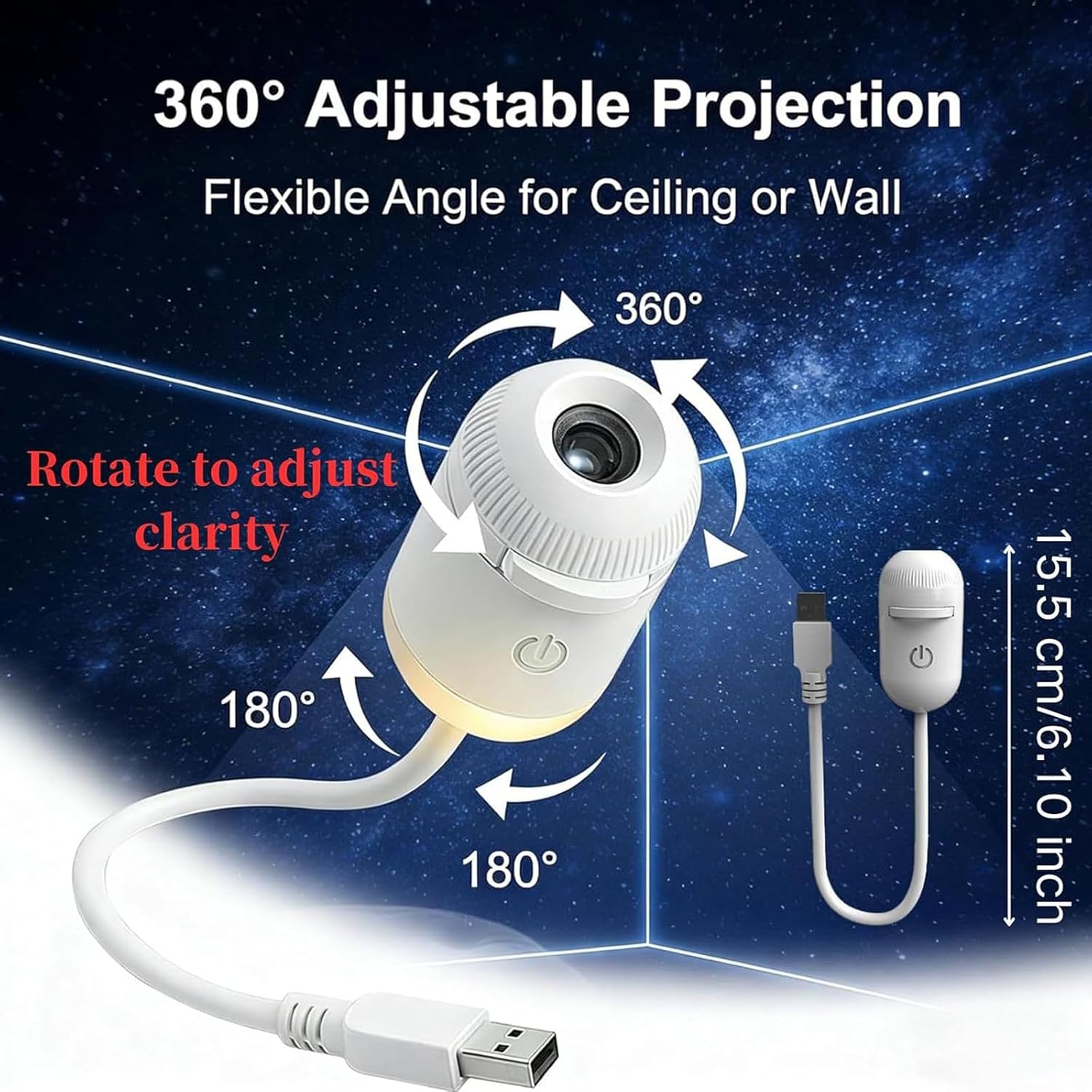 Hd Smart Dynamic 5d Holographic Night Light Projector,USB Galaxy Projector with 6/12Projection Films,Plug-and-Play,360° Adjustable,for Kid Adult Bedroom Ceiling Wall Room