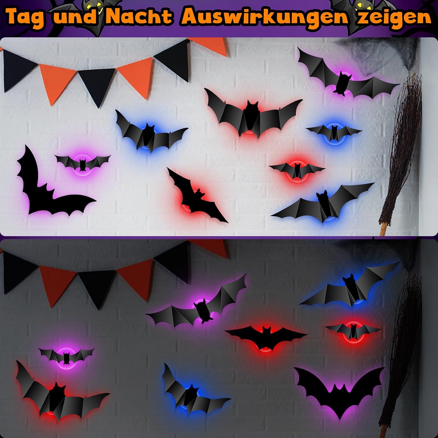 Pack of 12 LED Lights 3D Halloween Bat Decoration, Halloween Decoration Bat Wall Sticker with 10 Different Sizes, Horror Decorative Stickers, LED Bats Decoration for Indoor Halloween Party Accessories