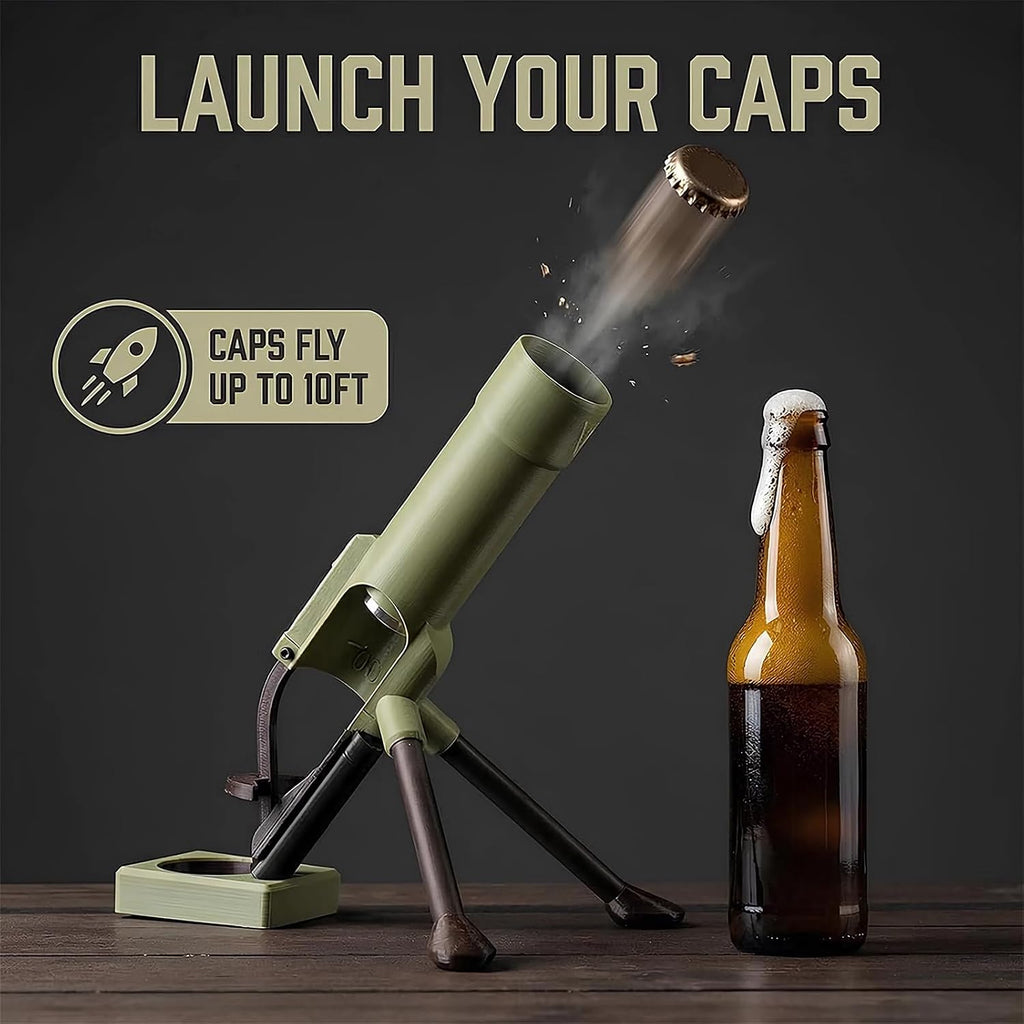 51mm Beer Bottle Mortar Bottle Opener Automatic Bottle Opener Heavy-Duty Tactical Cap Launcher Men Hands-Free Push down Bottles Cap Launcher Novelty Cap-Launching Desk Bar Accessory Home Party