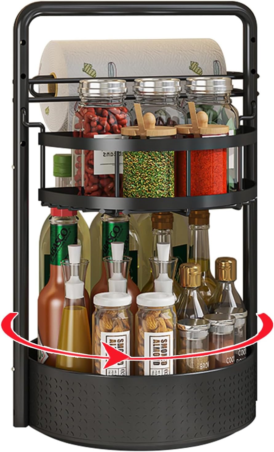 Rotating Spice Rack with Paper Towel Holder, 2 Tier Turntable Lazy Susan, Seasoning Organizer for Kitchen Countertop Cabinet