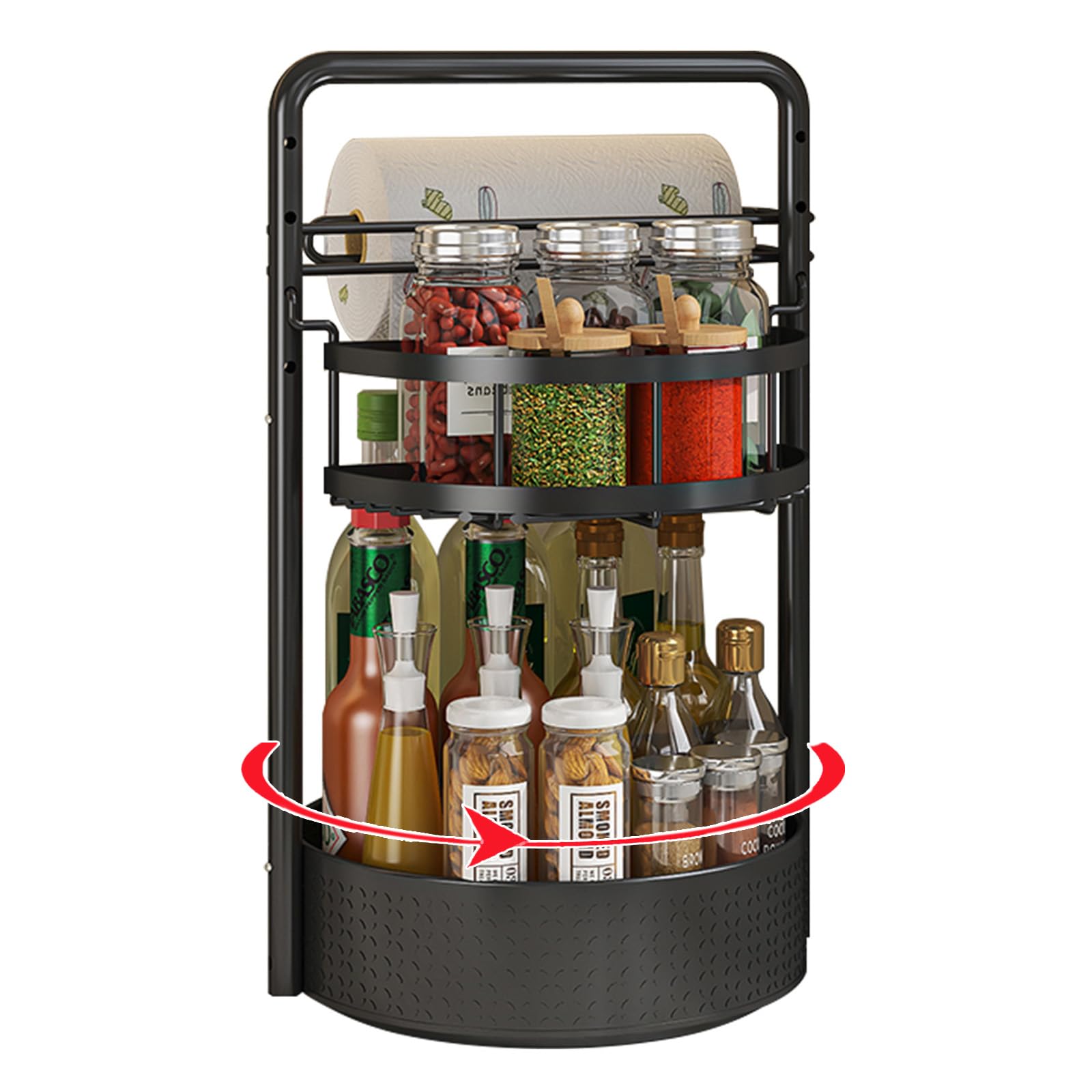 Rotating Spice Rack with Paper Towel Holder, 2 Tier Turntable Lazy Susan, Seasoning Organizer for Kitchen Countertop Cabinet